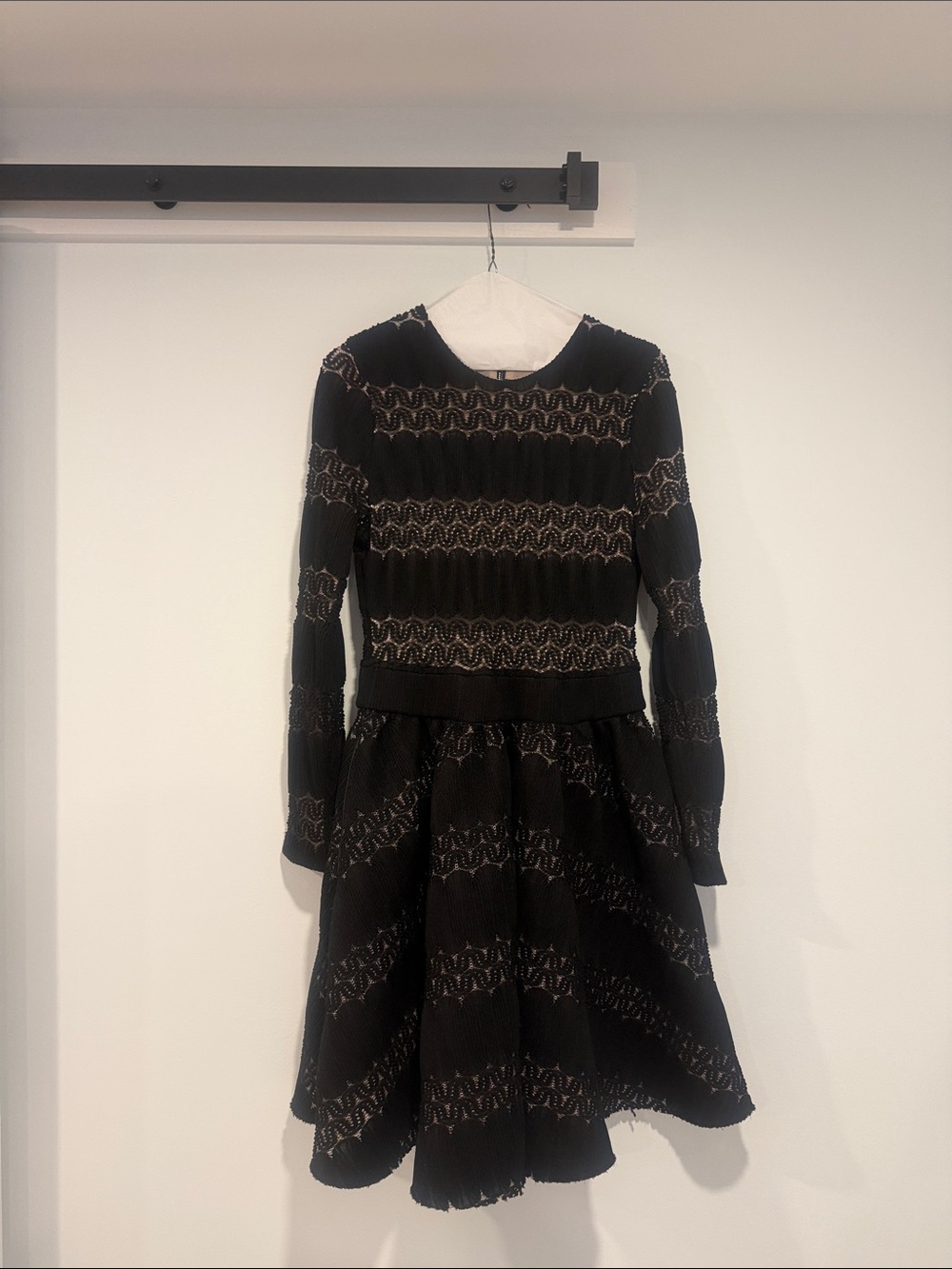 Maje Black Long-Sleeve Fit-and-Flare Dress with Gold Threading
